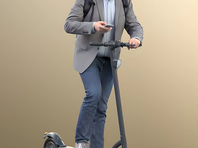 Man In Gray Blazer And Jeans Riding Electric Scooter Using Smartphone 3d model