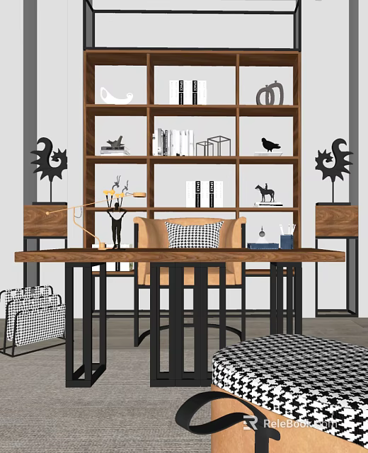 Modern Wooden Desk With Black Metal Legs Checkered Cushion Chair And Bookshelf Decorations 3d model 