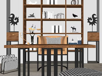 Modern Wooden Desk With Black Metal Legs Checkered Cushion Chair And Bookshelf Decorations 3d model