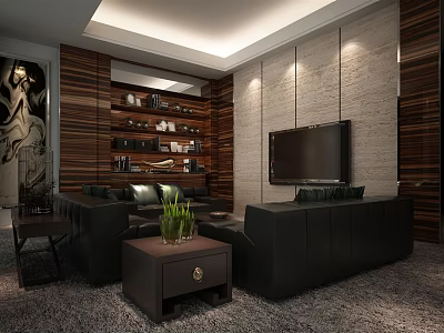 Modern Meeting Room Interior Design With Leather Sofas Wooden Walls And TV Setup 3d model