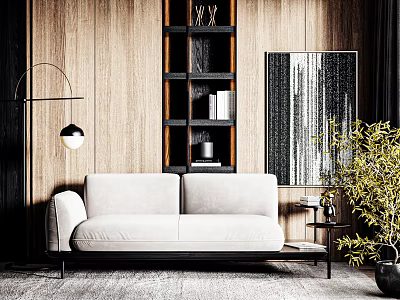 Two Seater Sofa in Modern Living Room with Wooden Walls Black Bookshelf and Floor Lamp 3d model