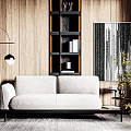 Two Seater Sofa in Modern Living Room with Wooden Walls Black Bookshelf and Floor Lamp