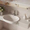Modern Minimalist Bathroom With Wall-mounted Countertop White Sink Vase And Skincare Shelf