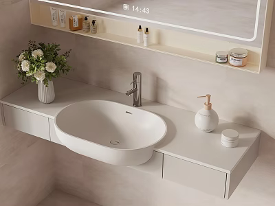 Modern Minimalist Bathroom With Wall-mounted Countertop White Sink Vase And Skincare Shelf 3d model