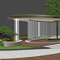 Circular Pergola With Curved Yellow Edge Glass Columns And Bonsai Tree In Lawn