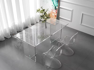Transparent Glass Dining Table With Clear Chairs Green Plant And Decorative Painting 3d model