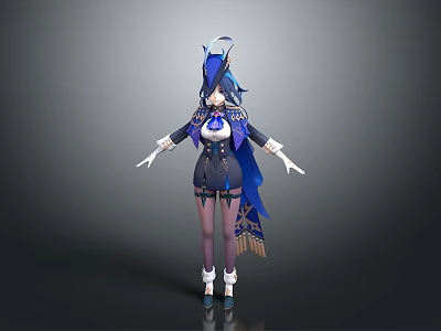 Game and Movie Character With Blue Hair Dark Outfit Ornate Headdress And White Gloves 3d model