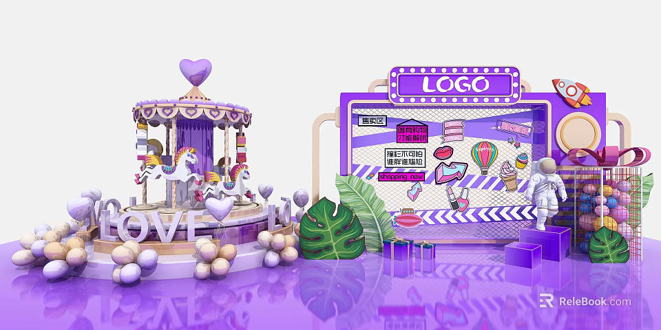 Vibrant Photo Check-in Spot With Carousel Heart Balloons Green Leaves And Unicorn Decor 3d model 
