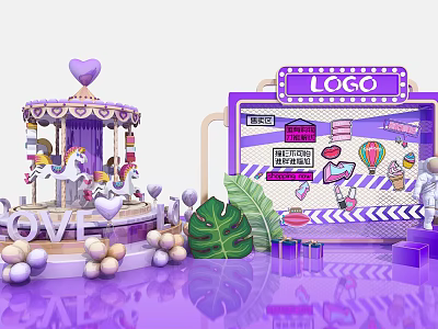 Vibrant Photo Check-in Spot With Carousel Heart Balloons Green Leaves And Unicorn Decor 3d model
