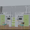 Modern Bunk Bed Interior With Green Cabinets White Desks Computers And Chairs 3d model