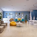 Modern Beauty Salon Interior With Blue Sofa White Tables And Pink Cherry Blossom Tree