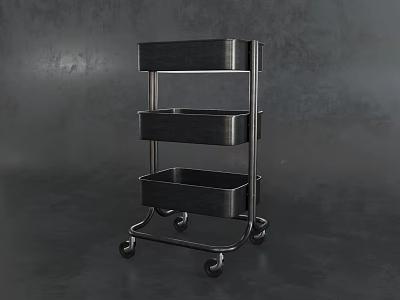 Three Tier Metal Utility Cart With Black Trays And Rolling Wheels 3d model