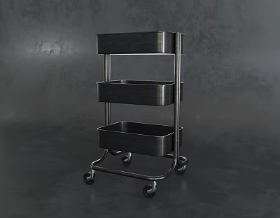 Three Tier Metal Utility Cart With Black Trays And Rolling Wheels 3d model