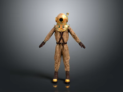 Antique Diving Suit with Brass Helmet One Piece Brown Outfit Yellow Boots and Metal Accents 3d model