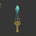 Fantasy Blue Runic Sword With Golden Decorative Hilt And Gemstone Accents