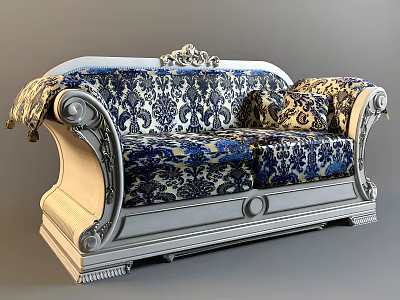 Elegant Classic Double Sofa With Blue Floral Pattern Fabric Carved Armrests Legs And Pillow 3d model