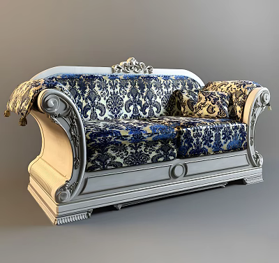 Elegant Classic Double Sofa With Blue Floral Pattern Fabric Carved Armrests Legs And Pillow 3d model