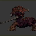 Game Movie Character Fierce Red Purple Spiked Monster With Large Curved Horns