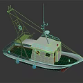 Fishing Boat With White Red Hull Green Deck Crane And Lifebuoy