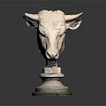 Bull Head Sculpture Fine Crafted In Stone With Detailed Features And Pedestal Stand