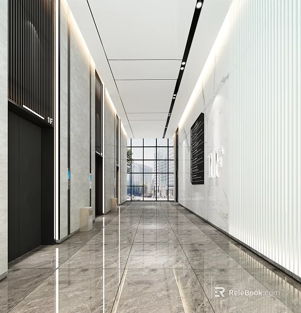 Modern Elevator Hallway Design With Marble Flooring Recessed Lighting And Wall Decor 3d model 
