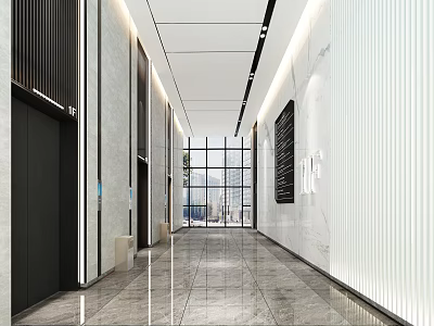Modern Elevator Hallway Design With Marble Flooring Recessed Lighting And Wall Decor 3d model