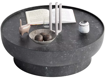 Ornament Arrangement with Cat Figurine Bowl Spheres Metal Stand Open Book Jar on Round Tray 3d model