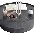 Ornament Arrangement with Cat Figurine Bowl Spheres Metal Stand Open Book Jar on Round Tray