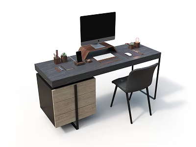 Modern Office Desk Setup With Computer Monitor Keyboard Mouse Stationery Black Chair And Wooden Cabinet 3d model