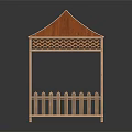 Wooden Gazebo Structure With Striped Roof Lattice Design And Surrounding Fence