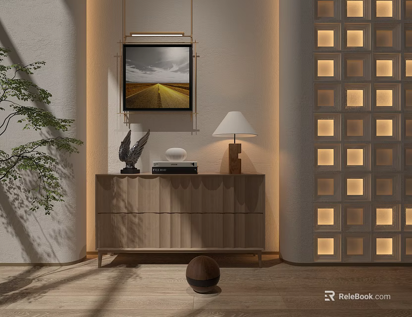 Entryway Hallway Interior Featuring Framed Painting Wooden Cabinet Table Lamp and Grid Patterned Wall 3d model 