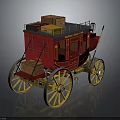Vintage Red Stagecoach with Stacked Luggage on Roof Yellow Wheels and Classic Design