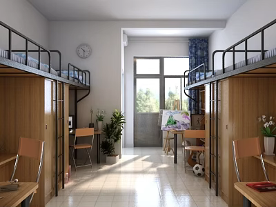 Dormitory Room Interior With Bunk Beds Wooden Cabinets Tables Chairs Window Curtains Clock And Plants 3d model