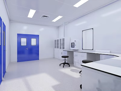 Clean Modern Laboratory Interior With Blue Doors White Walls And Lab Benches Cabinets Stools 3d model