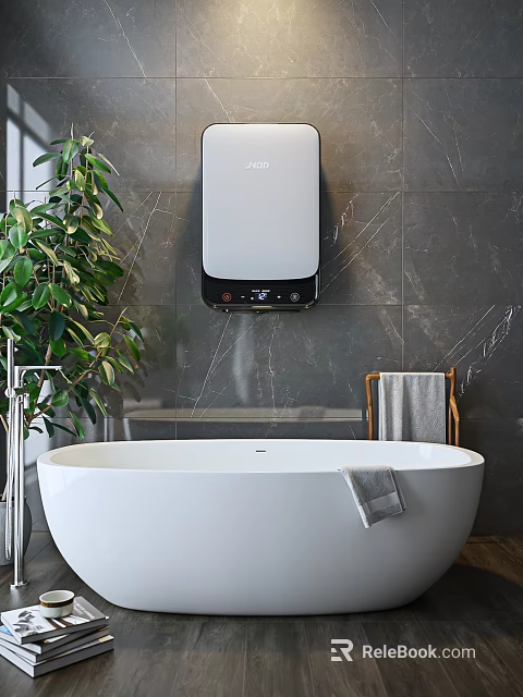 Luxury Bathroom Interior Featuring White Freestanding Bathtub Gray Marble Wall Water Heater And Green Plant 3d model 