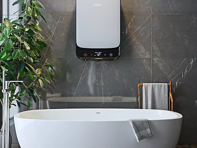 Luxury Bathroom Interior Featuring White Freestanding Bathtub Gray Marble Wall Water Heater And Green Plant 3d model