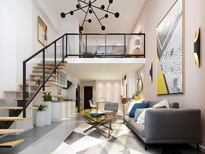 Modern Apartment Open Layout With Staircase Sofa Coffee Table Rug And Art 3d model