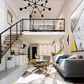 Modern Apartment Open Layout With Staircase Sofa Coffee Table Rug And Art 3d model