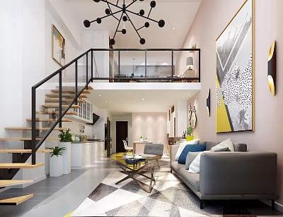Modern Apartment Open Layout With Staircase Sofa Coffee Table Rug And Art 3d model