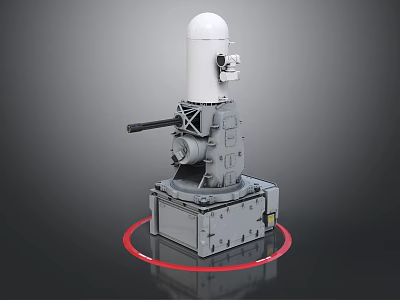Gray Mechanical Military Turret Device With White Cylindrical Top Black Barrel And Red Circle Base 3d model