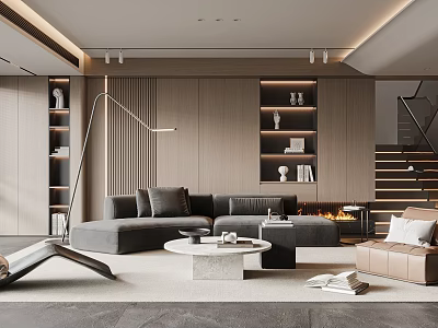 Modern Living Room Interior Design With Gray L Shaped Sofa Beige Armchair And Wooden Wall 3d model