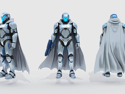 Futuristic Man In Advanced Armor With Cloak And Gun From Three Angles 3d model Futuristic Man In Advanced Armor With Cloak And Gun From Three Angles 3d model