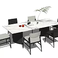 Modern Rectangular Dining Table Set With Marble Top Gray White Chairs And Green Plant Vase 3d model