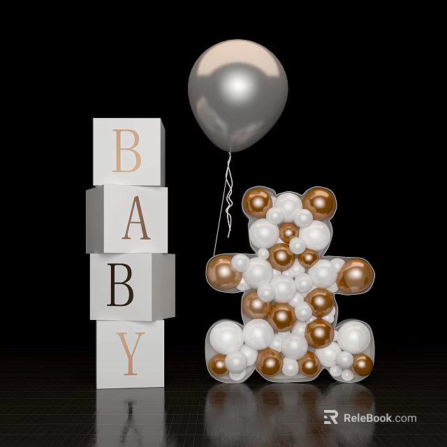 Adorable Baby Themed Decor With BABY Blocks Silver Balloon And Beaded Teddy Bear 3d model 