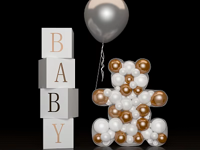 Adorable Baby Themed Decor With BABY Blocks Silver Balloon And Beaded Teddy Bear 3d model