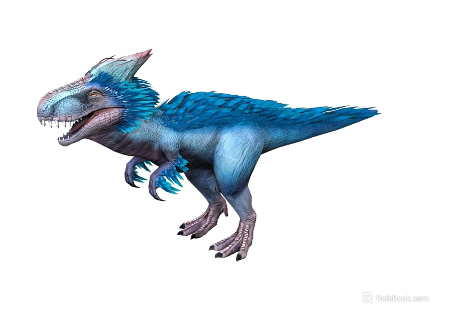 Blue Feathered Dinosaur With Vibrant Plumage Sharp Teeth And Dynamic Standing Pose 3d model 