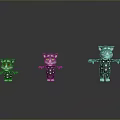 Three Different Sizes Cat Figurines In Black White Spots With Green Eyes On Gray Background
