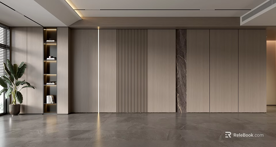 Modern Sofa Backdrop Wall Design With Wooden Panels Vertical Stripes And Shelves 3d model 