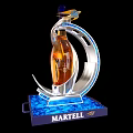 Martell Bottles and Whiskey Glasses with Amber Liquid in Silver Curved Stands on Blue Bases