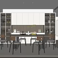 Modern Restaurant Interior Featuring White Cabinets Glass Shelves Wooden Dining Table Plant And Natural Light
